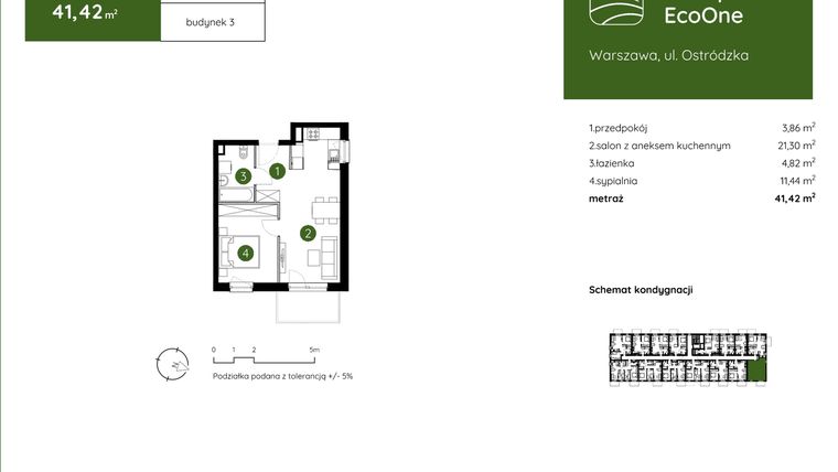 Rzut - Mieszkanie na sprzedaż 2 pokoje o powierzchni 41,42 m² - numer 3.A.1.05 w Murapol EcoOne