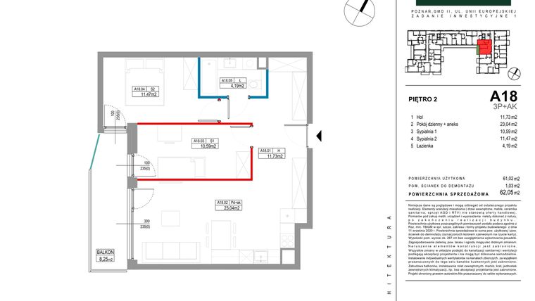 Rzut - Mieszkanie na sprzedaż 3 pokoje o powierzchni 62,05 m² - numer A018 w Grunwald Między Drzewami etap II