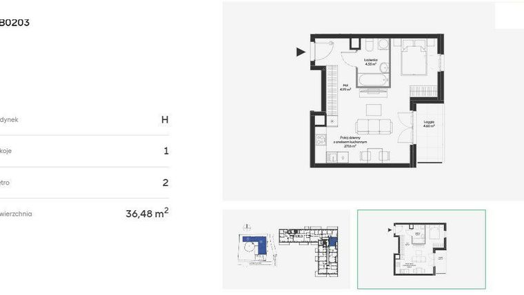 Rzut - Mieszkanie na sprzedaż 1 pokój o powierzchni 36,48 m² - numer HB0203 w Holm House 5