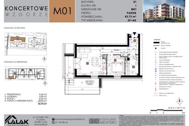 Rzut - Mieszkanie na sprzedaż 2 pokoje o powierzchni 43,57 m² - numer B1.01 w Koncertowe Wzgórze
