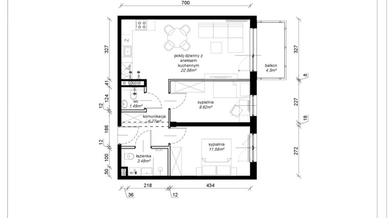 Rzut - Mieszkanie na sprzedaż 3 pokoje o powierzchni 55,6 m² - numer F.4.39.3a w Art.Teo etap 3