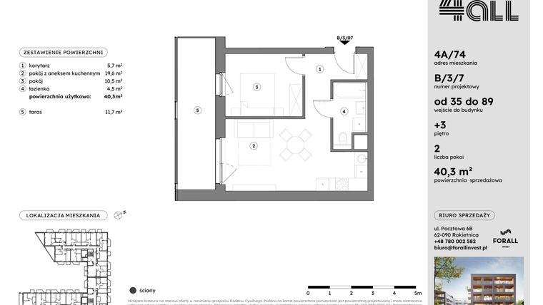 Rzut - Mieszkanie na sprzedaż 2 pokoje o powierzchni 40,21 m² - numer B/3/7 w Osiedle Mateckiego 4ALL