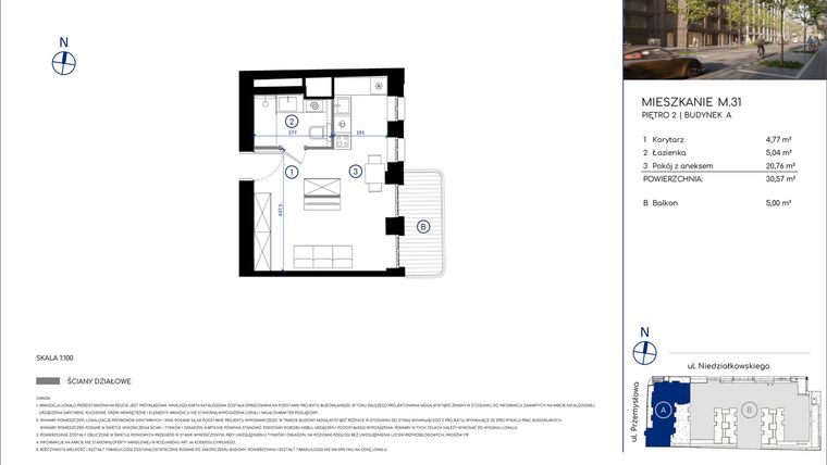 Rzut - Mieszkanie na sprzedaż 1 pokój o powierzchni 30,57 m² - numer M.31 w Niedziałkowskiego Park