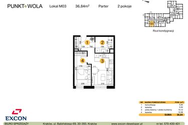 Rzut - Mieszkanie na sprzedaż 2 pokoje o powierzchni 36,84 m² - numer M03 w Punkt Wola