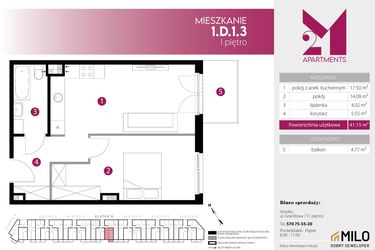 Rzut - Mieszkanie na sprzedaż 2 pokoje o powierzchni 41,15 m² - numer 1.D.1.3 w 2M Apartments etap IV
