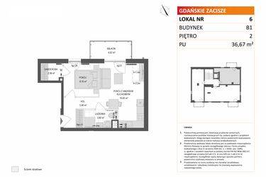 Rzut - Mieszkanie na sprzedaż 2 pokoje o powierzchni 36,67 m² - numer B1.6 w Gdańskie Zacisze