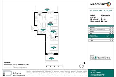 Rzut - Mieszkanie na sprzedaż 2 pokoje o powierzchni 43,49 m² - numer D102 w Milczańska 18