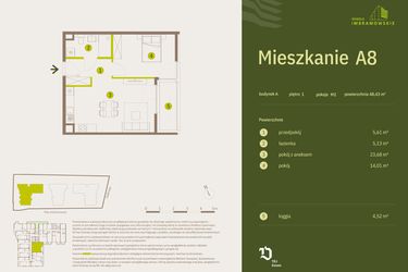 Rzut - Mieszkanie na sprzedaż 2 pokoje o powierzchni 48,43 m² - numer A8 w Osiedle Imbramowskie