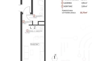 Rzut - Mieszkanie na sprzedaż 1 pokój o powierzchni 22,75 m² - numer 117 w Wróblewskiego 1