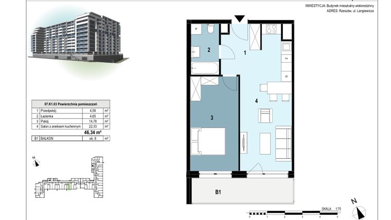 Rzut - Mieszkanie na sprzedaż 2 pokoje o powierzchni 46,34 m² - numer 07.K1.03 w Langiewicza 37