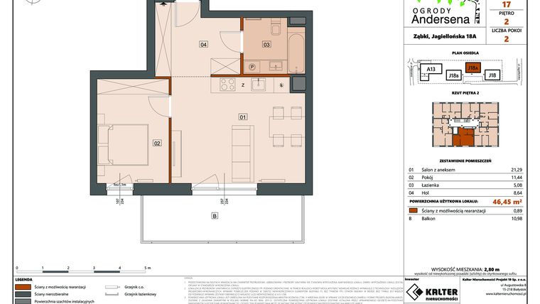 Rzut - Mieszkanie na sprzedaż 2 pokoje o powierzchni 46,45 m² - numer 17C w Ogrody Andersena