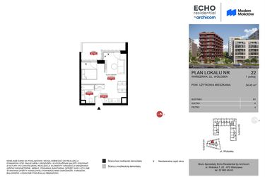 Rzut - Mieszkanie na sprzedaż 1 pokój o powierzchni 34,45 m² - numer B1.22 w Modern Mokotów
