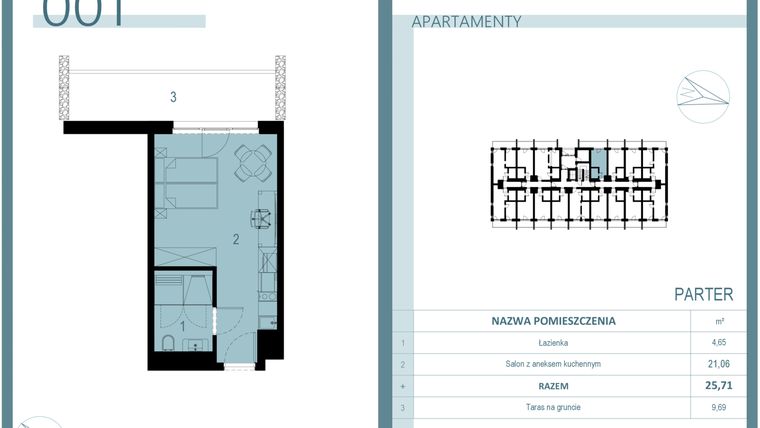 Rzut - Mieszkanie na sprzedaż 1 pokój o powierzchni 25,71 m² - numer 001 w Linea Mare Mrzeżyno