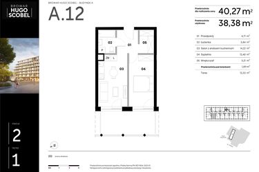Rzut - Mieszkanie na sprzedaż 2 pokoje o powierzchni 40,27 m² - numer A.12 w Browar HUGO SCOBEL