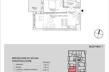 Rzut - Mieszkanie na sprzedaż 2 pokoje o powierzchni 43,79 m² - numer B1-03-34A w Francuska Park IX