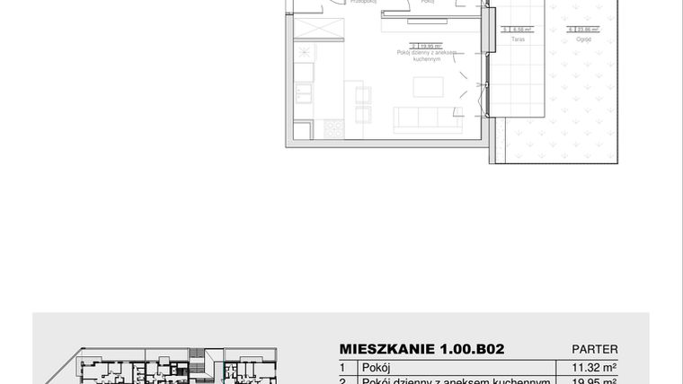 Rzut - Mieszkanie na sprzedaż 2 pokoje o powierzchni 39,84 m² - numer 1.00.B02 w Ogrody Andersa III