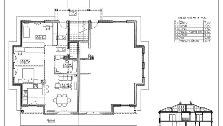 Rzut - Mieszkanie na sprzedaż 3 pokoje o powierzchni 78,77 m² - numer 39.1. w Ogrody Tesoro VI
