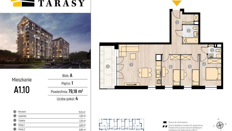 Rzut - Mieszkanie na sprzedaż 4 pokoje o powierzchni 78,35 m² - numer A1.10 w Słoneczne Tarasy