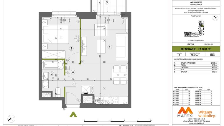 Rzut - Mieszkanie na sprzedaż 2 pokoje o powierzchni 38,93 m² - numer F1.D.01.02 w XYZ Place