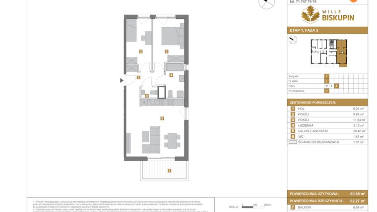 Rzut - Mieszkanie na sprzedaż 3 pokoje o powierzchni 60,89 m² - numer I.7 w Wille Biskupin II