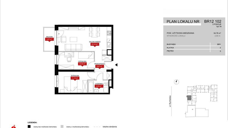 Rzut - Mieszkanie na sprzedaż 3 pokoje o powierzchni 54,78 m² - numer BR12/102 w Browary Wrocławskie 2