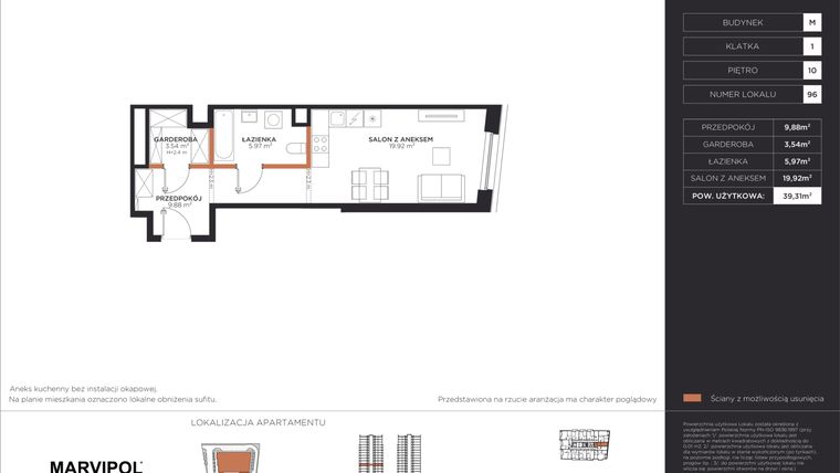 Rzut - Mieszkanie na sprzedaż 1 pokój o powierzchni 39,31 m² - numer M096 w Aleje 138