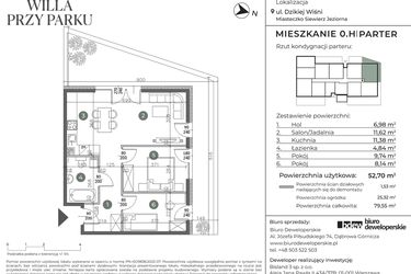 Rzut - Mieszkanie na sprzedaż 3 pokoje o powierzchni 52,7 m² - numer 0.H w Willa przy parku