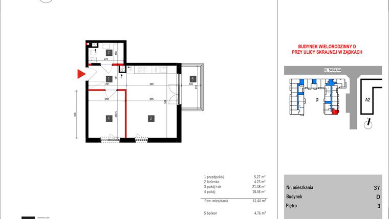 Rzut - Mieszkanie na sprzedaż 2 pokoje o powierzchni 41,44 m² - numer D.37 w Skrajna 9 bud. D
