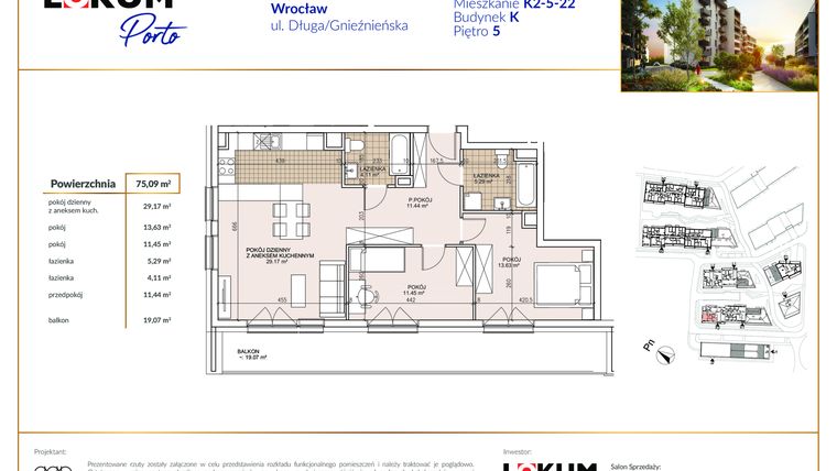 Rzut - Mieszkanie na sprzedaż 3 pokoje o powierzchni 75,1 m² - numer K2-5-22 w Lokum Porto etap II