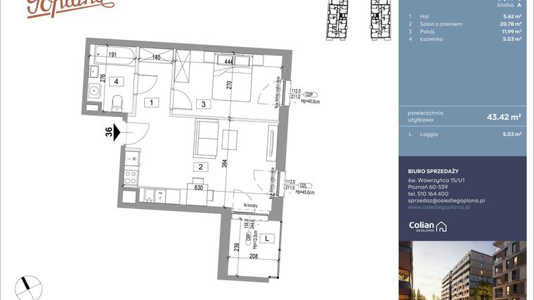 Rzut - Mieszkanie na sprzedaż 2 pokoje o powierzchni 43,69 m² - numer F36 w Goplana budynek F