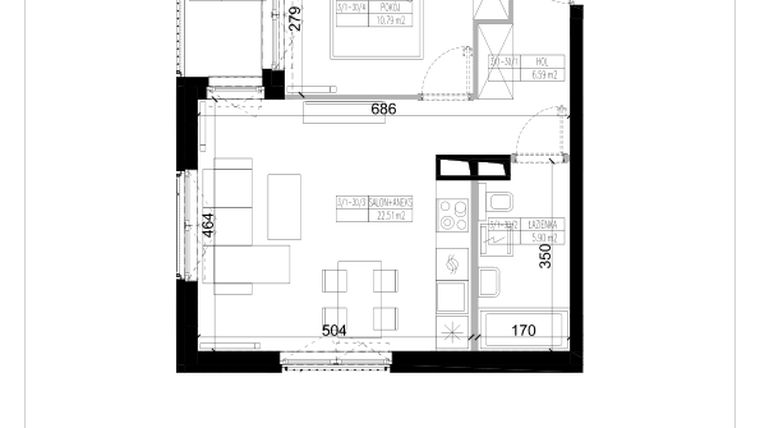 Rzut - Mieszkanie na sprzedaż 2 pokoje o powierzchni 45,79 m² - numer 1.30 w Ogrody Wiślane etap VI