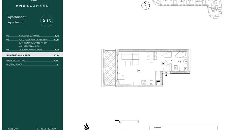 Rzut - Mieszkanie na sprzedaż 1 pokój o powierzchni 30,44 m² - numer A13 w Angel Green