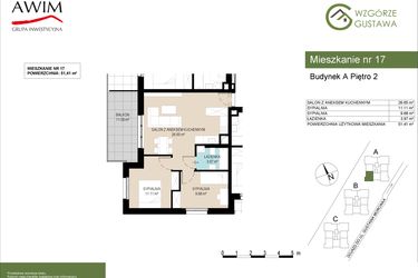 Rzut - Mieszkanie na sprzedaż 3 pokoje o powierzchni 51,41 m² - numer A17 w Wzgórze Gustawa