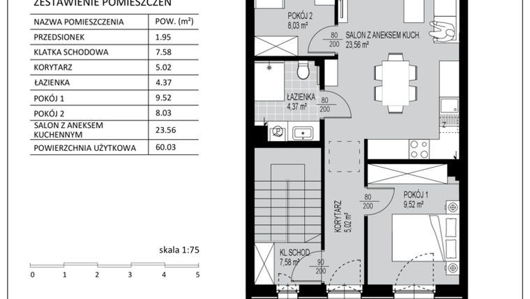 Rzut - Mieszkanie na sprzedaż 3 pokoje o powierzchni 60,03 m² - numer D6 w Kowalove etap 2