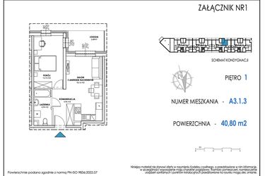 Rzut - Mieszkanie na sprzedaż 2 pokoje o powierzchni 40,74 m² - numer A3.1.3 w Apartamenty Nowe Miasto