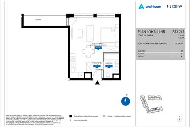Rzut - Mieszkanie na sprzedaż 1 pokój o powierzchni 34,68 m² - numer B23 247 w Flow - bud. B2 A i bud. B2 B