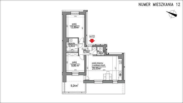 Rzut - Mieszkanie na sprzedaż 3 pokoje o powierzchni 58,77 m² - numer 3m.12 w Osiedle Rytm etap 2