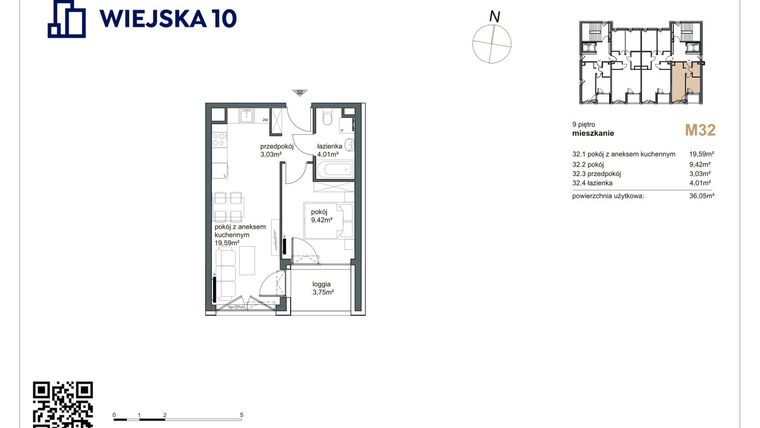 Rzut - Mieszkanie na sprzedaż 2 pokoje o powierzchni 36,05 m² - numer 32 w Wiejska 10