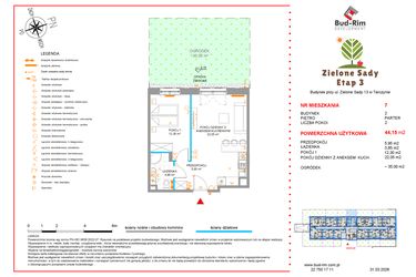Rzut - Mieszkanie na sprzedaż 2 pokoje o powierzchni 44,15 m² - numer 7 w Zielone Sady etap III B2