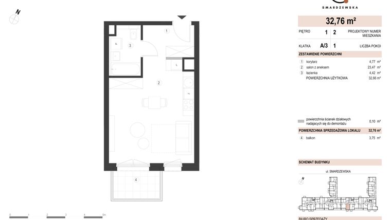 Rzut - Mieszkanie na sprzedaż 1 pokój o powierzchni 32,76 m² - numer A/3/1.2 w Smardzewska 8