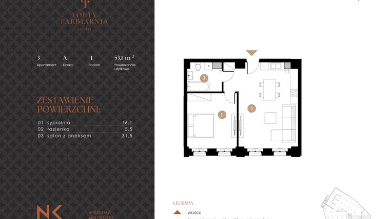 Rzut - Mieszkanie na sprzedaż 2 pokoje o powierzchni 53,1 m² - numer 3 w Lofty Farbiarnia