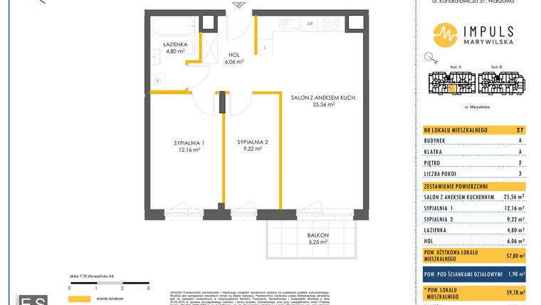 Rzut - Mieszkanie na sprzedaż 3 pokoje o powierzchni 57,8 m² - numer A/27 w Impuls Marywilska
