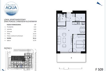 Rzut - Mieszkanie na sprzedaż 2 pokoje o powierzchni 48,85 m² - numer F509 w Polanki Aqua - budynek E i F