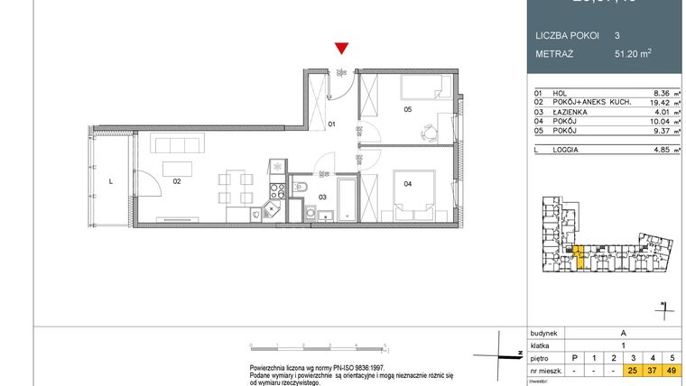 Rzut - Mieszkanie na sprzedaż 2 pokoje o powierzchni 51,2 m² - numer 37 w Morwowa 5