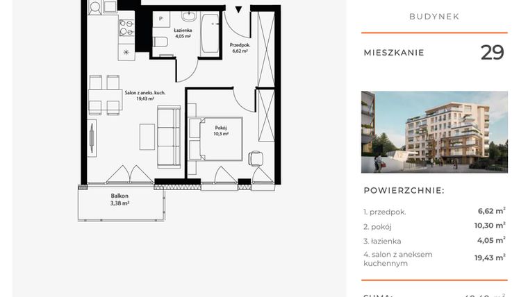 Rzut - Mieszkanie na sprzedaż 2 pokoje o powierzchni 40,4 m² - numer 29 w Bytkowska 4.0