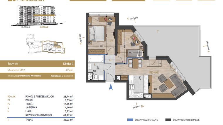 Rzut - Mieszkanie na sprzedaż 3 pokoje o powierzchni 61,12 m² - numer 92 w Osiedle Dakar Karolina