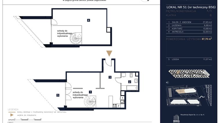 Rzut - Mieszkanie na sprzedaż 2 pokoje o powierzchni 87,7 m² - numer B56 w Rezydencja Zegrze etap II