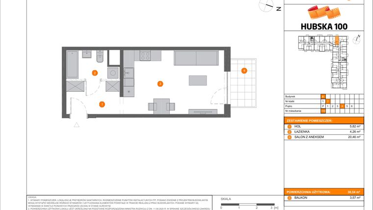 Rzut - Mieszkanie na sprzedaż 1 pokój o powierzchni 30,54 m² - numer B.110 w Hubska 100