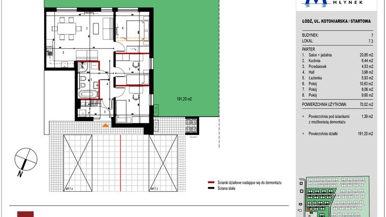 Rzut - Mieszkanie na sprzedaż 3 pokoje o powierzchni 69,85 m² - numer 7.3 w Przystań Młynek