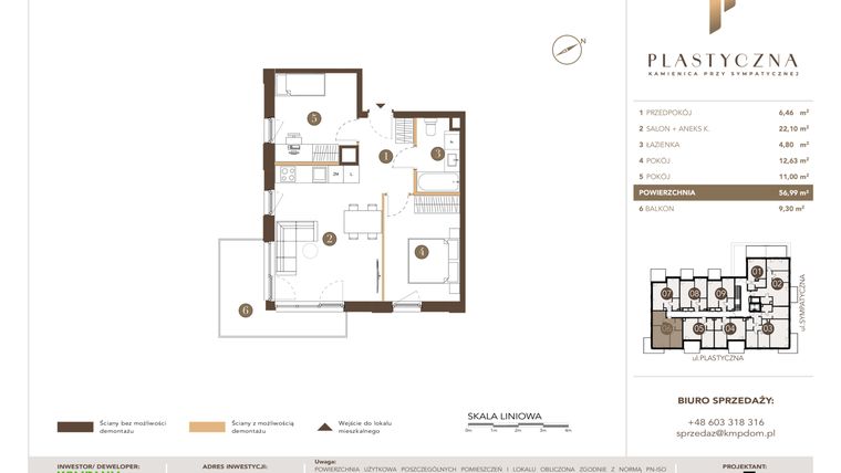 Rzut - Mieszkanie na sprzedaż 3 pokoje o powierzchni 56,99 m² - numer PK-LM-06 w Plastyczna Kamienica przy Sympatycznej